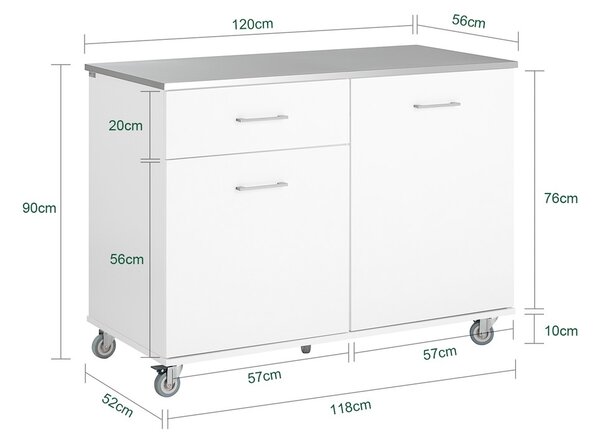 Sobuy Fkw117-W Designový Kuchyňský Vozík Kuchyňský Ostrůvek Kuchyňská Skříňka Příborník Bílý 120X90X56Cm