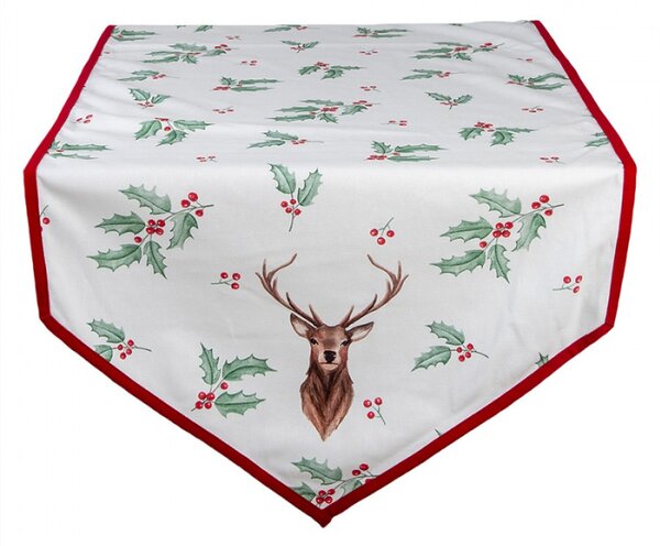 Běhoun na stůl Holly Christmas s červeným lemem a jelenem – 50x160 cm