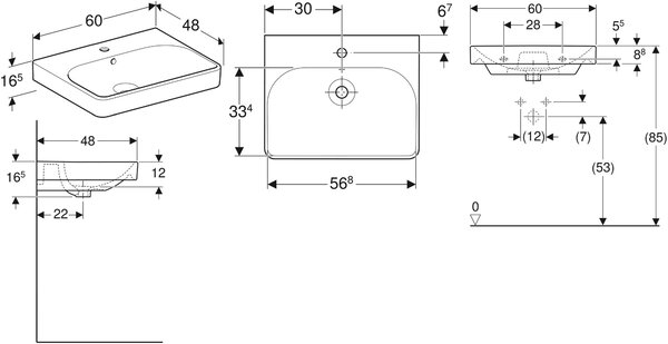 Geberit Smyle Square umyvadlo 60x48 cm obdélníkový klasický-zápustný bílá lesk 500.229.01.8