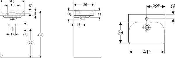 Geberit Smyle Square umyvadlo 45x36 cm obdélníkový klasický-nábytkový-zápustný bílá lesk 500.222.01.1