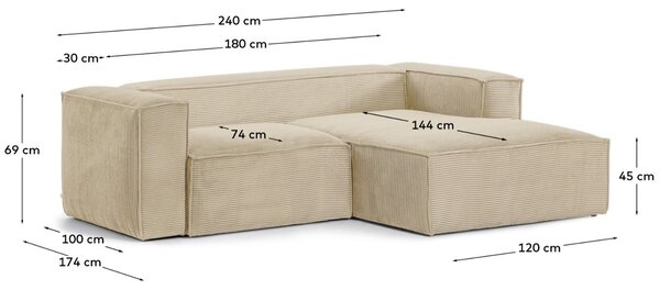 Kave Home Béžová manšestrová rohová pohovka Blok 240 cm, pravá