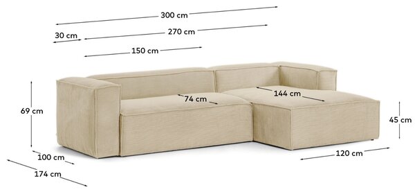 Kave Home Béžová manšestrová rohová pohovka Blok 300 cm, pravá