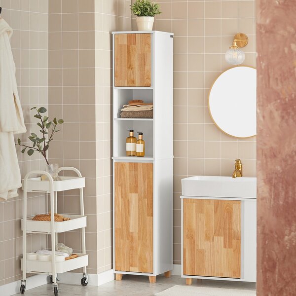 Sobuy Bzr74-W Koupelnová Vysoká Skříňka Koupelnová Polička Skříňka Na Prádlo Koupelnový Nábytek Bílá-Přírodní 31X170X32Cm