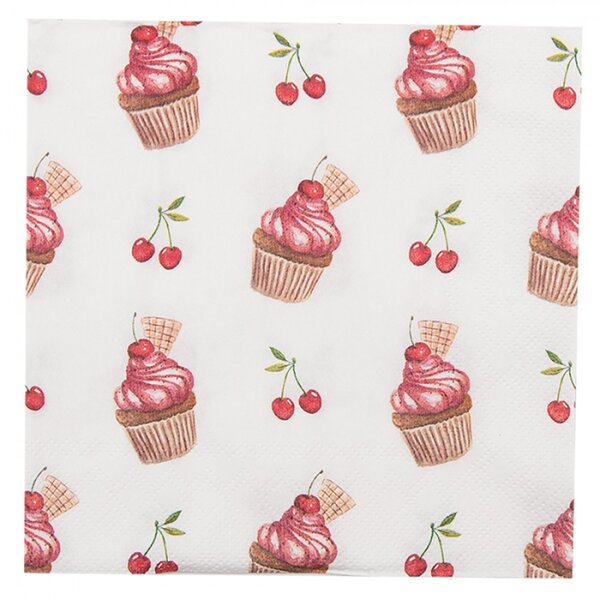 Bílé papírové ubrousky s dortíčky Cherry Cupcake – 33x33 cm