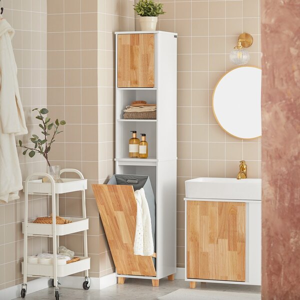 Sobuy Bzr74-W Koupelnová Vysoká Skříňka Koupelnová Polička Skříňka Na Prádlo Koupelnový Nábytek Bílá-Přírodní 31X170X32Cm