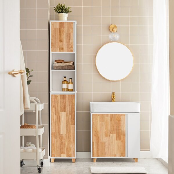 Sobuy Bzr74-W Koupelnová Vysoká Skříňka Koupelnová Polička Skříňka Na Prádlo Koupelnový Nábytek Bílá-Přírodní 31X170X32Cm