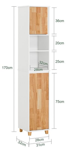 Sobuy Bzr74-W Koupelnová Vysoká Skříňka Koupelnová Polička Skříňka Na Prádlo Koupelnový Nábytek Bílá-Přírodní 31X170X32Cm