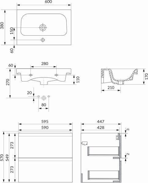 Cersanit Moduo umyvadla se skříňkou 59.5 cm antracitová S801-486-DSM