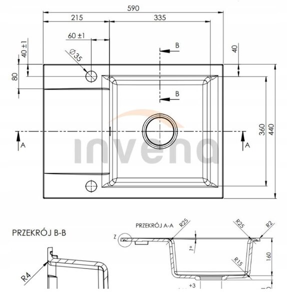Invena Tesalia, 1-komorový granitový dřez s krátkým odkapávačem 590x440x160 mm a dřezová baterie Joga Plus, zlatý automatický sifon, černá skvrnitá, …