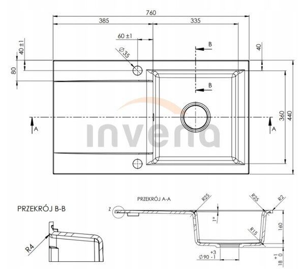 Invena Tesalia, 1-komorový granitový dřez s odkapávačem 760x440x160 mm + zlatý automatický sifon, INV-AZ-01-Z43-B
