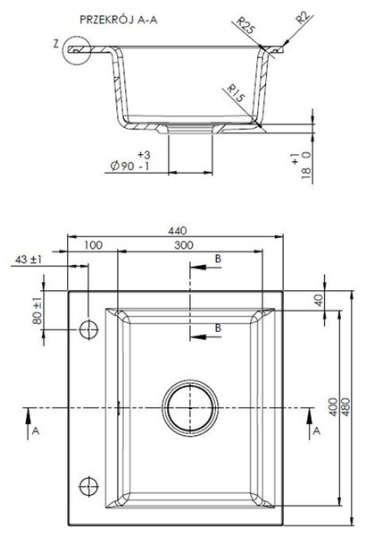 Invena Tesalia, 1-komorový granitový dřez 440x480x160 mm a dřezová baterie Glamour, černá-zlatá, INV-AZ-01-Z41-SET