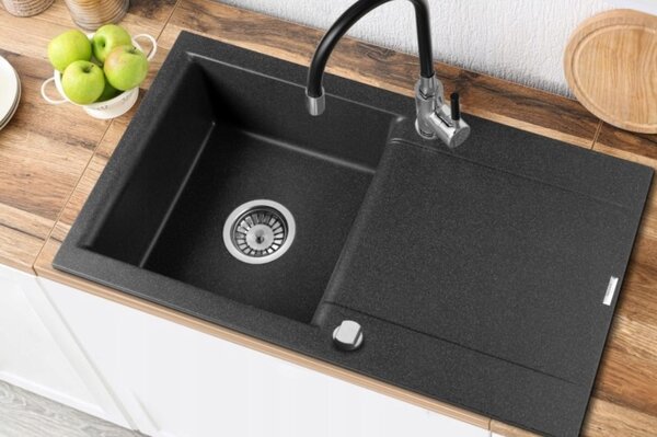 Invena Tesalia, 1-komorový granitový dřez s odkapávačem 760x440x160 mm + chromový automatický sifon, INV-AZ-01-043-B