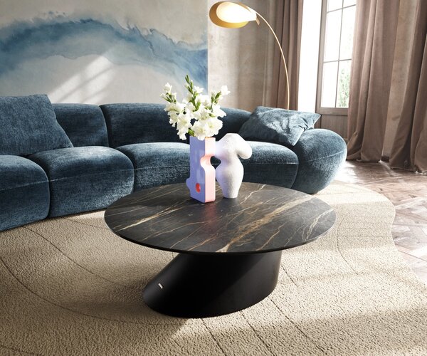 DELIFE Konferenční stolek Edge kulatý 90x90 cm keramika Laminam® Noir Desir hnědá Conis kov černá