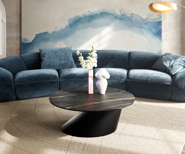 DELIFE Konferenční stolek Edge kulatý 90x90 cm keramika Laminam® Noir Desir hnědá Conis kov černá