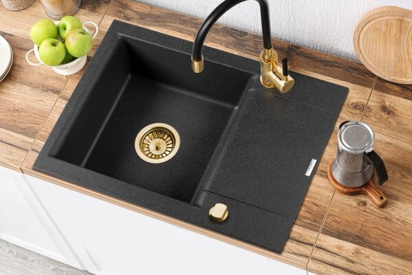 Invena Tesalia, 1-komorový granitový dřez s krátkým odkapávačem 590x440x160 mm a dřezová baterie Joga Plus, zlatý automatický sifon, černá skvrnitá, …