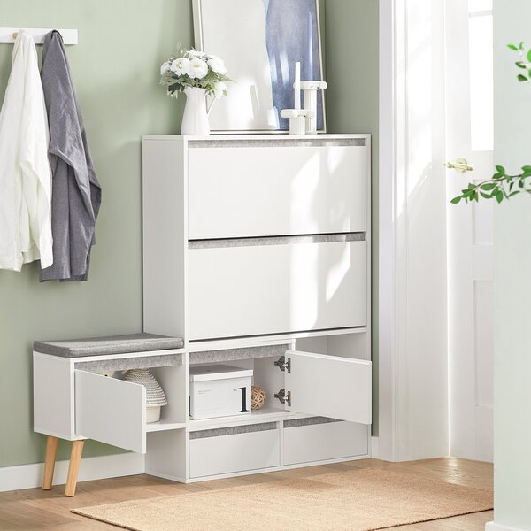 Sobuy Fsr134-W Sklápěč Bot Botník Se 2 Klopami, 2 Dvířky A 2 Šuplíky Botník Se Sedátkem Bílý (92-124) X126X24Cm