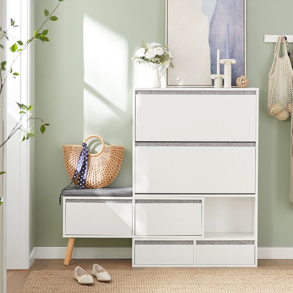 Sobuy Fsr134-W Sklápěč Bot Botník Se 2 Klopami, 2 Dvířky A 2 Šuplíky Botník Se Sedátkem Bílý (92-124) X126X24Cm