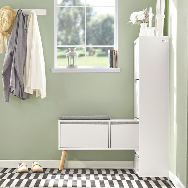 Sobuy Fsr134-W Sklápěč Bot Botník Se 2 Klopami, 2 Dvířky A 2 Šuplíky Botník Se Sedátkem Bílý (92-124) X126X24Cm