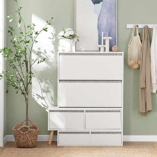 Sobuy Fsr134-W Sklápěč Bot Botník Se 2 Klopami, 2 Dvířky A 2 Šuplíky Botník Se Sedátkem Bílý (92-124) X126X24Cm