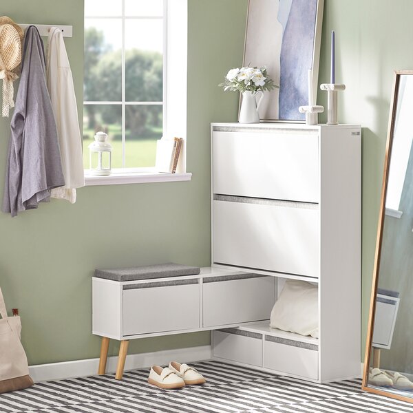 Sobuy Fsr134-W Sklápěč Bot Botník Se 2 Klopami, 2 Dvířky A 2 Šuplíky Botník Se Sedátkem Bílý (92-124) X126X24Cm