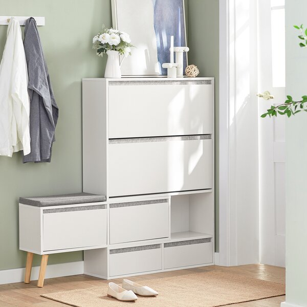Sobuy Fsr134-W Sklápěč Bot Botník Se 2 Klopami, 2 Dvířky A 2 Šuplíky Botník Se Sedátkem Bílý (92-124) X126X24Cm