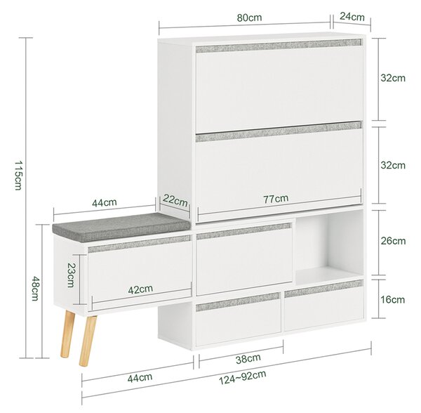 Sobuy Fsr134-W Sklápěč Bot Botník Se 2 Klopami, 2 Dvířky A 2 Šuplíky Botník Se Sedátkem Bílý (92-124) X126X24Cm