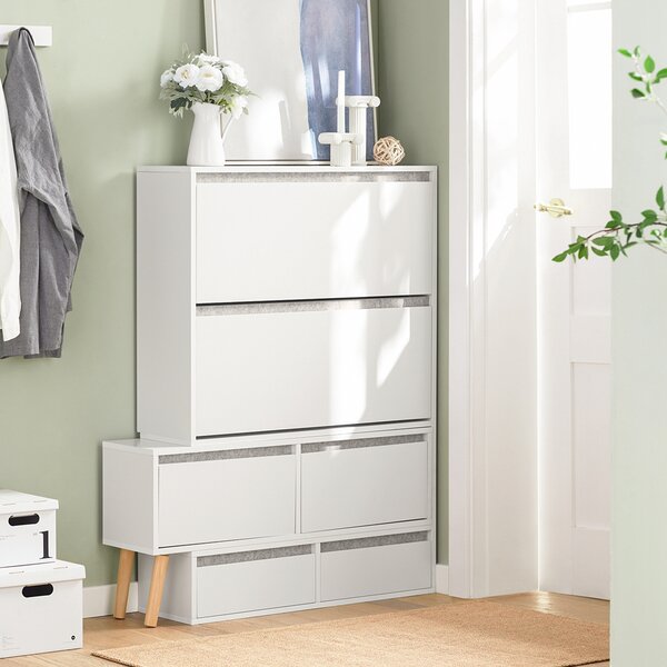 Sobuy Fsr134-W Sklápěč Bot Botník Se 2 Klopami, 2 Dvířky A 2 Šuplíky Botník Se Sedátkem Bílý (92-124) X126X24Cm