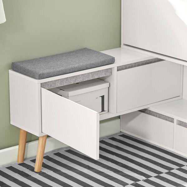 Sobuy Fsr134-W Sklápěč Bot Botník Se 2 Klopami, 2 Dvířky A 2 Šuplíky Botník Se Sedátkem Bílý (92-124) X126X24Cm