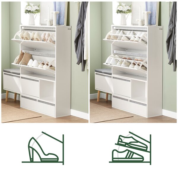 Sobuy Fsr134-W Sklápěč Bot Botník Se 2 Klopami, 2 Dvířky A 2 Šuplíky Botník Se Sedátkem Bílý (92-124) X126X24Cm