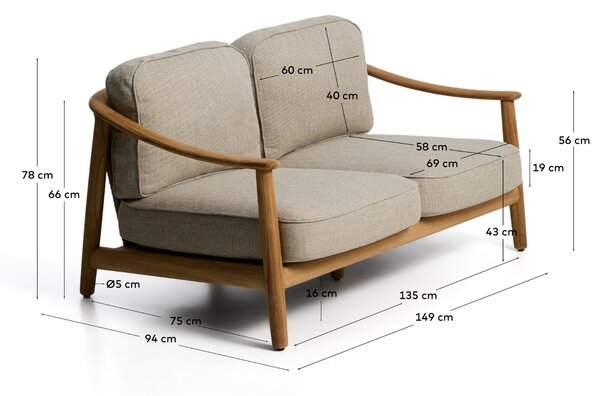 Kave Home Dřevěná zahradní dvoumístná pohovka Elunda 149 cm s výpletem