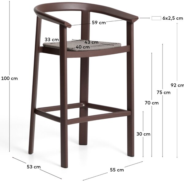 Kave Home Hnědá zahradní barová židle s výpletem Erice 75 cm