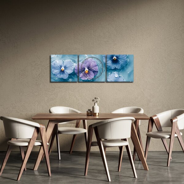 Obraz - Fialky ve vodě (s hodinami) (90x30 cm)