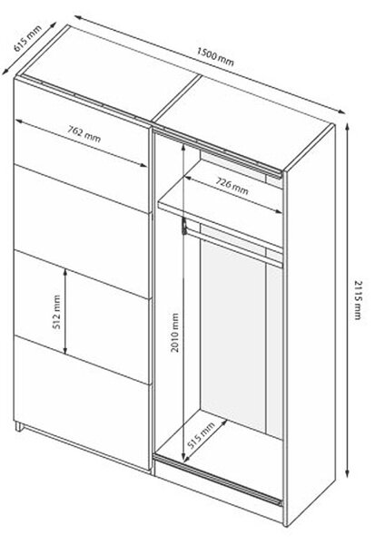 Skříň s posuvnými dveřmi 1.5х2.1m (Dveře bílý lesk/Zrcadlo) Mila