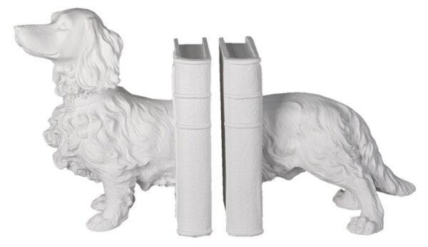 Bílá zarážka na knihy ve tvaru psa – 28x12x22 cm