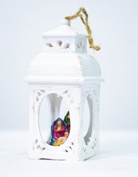 Vánoční porcelánová lucerna se scénou z betlému DUE ESSE / 21 cm / bílá