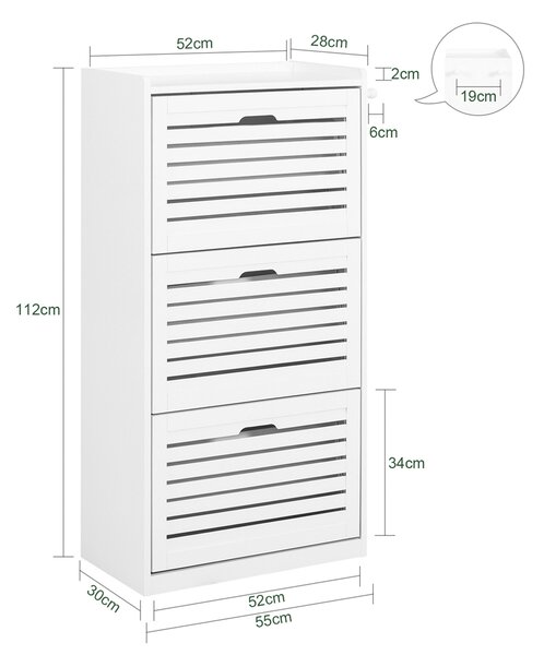 Sobuy Fsr108-W Botník Se 3 Klopami Botník Se 2 Háčky Bílá 55X112X30Cm