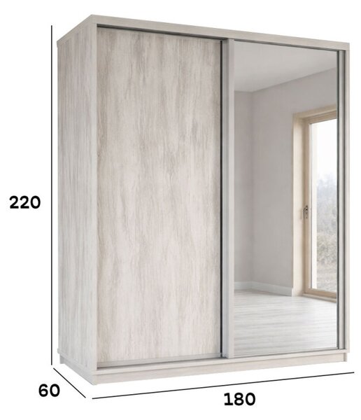 Skříň s posuvnými dveřmi 1800x2200x600 1LTD 1 Zrcadlo Artwood světlý, profil stříbrný