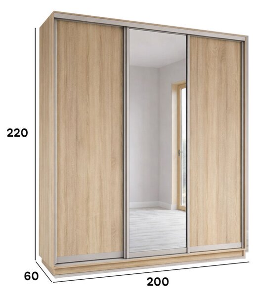 Skříň s posuvnými dveřmi 2000x2200x600 2LTD 1 Zrcadlo Dub Sonoma, profil stříbrný