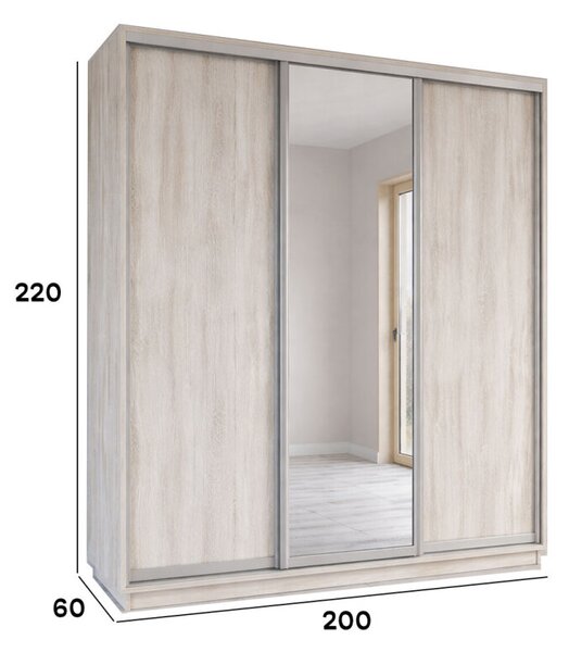 Skříň s posuvnými dveřmi 2000x2200x600 2LTD 1 Zrcadlo Artwood světlý, profil stříbrný