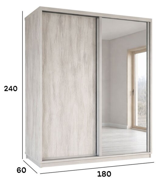 Skříň s posuvnými dveřmi 1800x2400x600 1LTD 1 Zrcadlo Artwood světlý, profil stříbrný