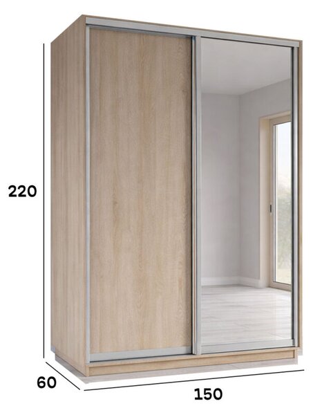 Skříň s posuvnými dveřmi 1500x2200x600 1LTD 1 Zrcadlo Dub Sonoma, profil stříbrný