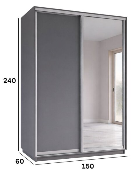 Skříň s posuvnými dveřmi 1500x2400x600 1LTD 1 Zrcadlo grafit šedý, profil stříbrný