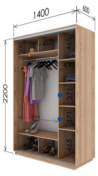 Skříně s posuvnými dveřmi 1400x2200x600 1LTD 1 Zrcadlo Dub Craft bílý, profil stříbrný