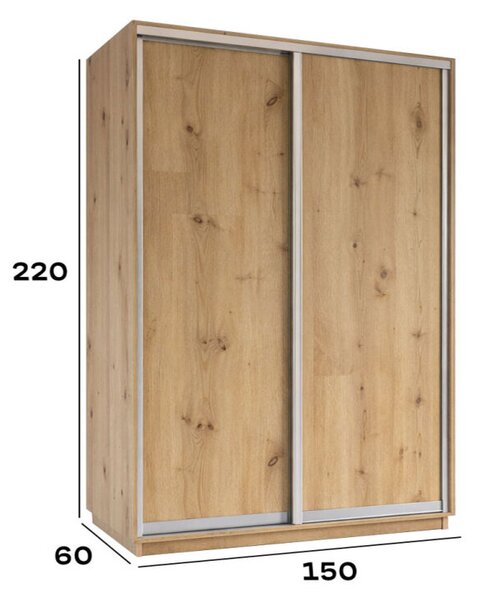 Skříň s posuvnými dveřmi 1500x2200x600 2LTD Dub Artisan, profil stříbrný
