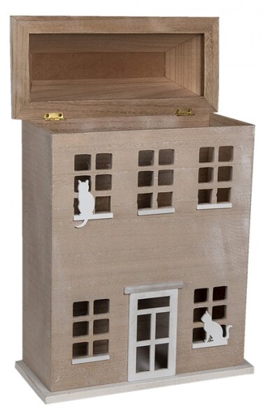 Dřevěný úložný box ve tvaru domku s kočky – 27x12x39 cm