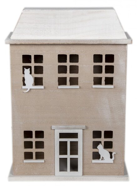Dřevěný úložný box ve tvaru domku s kočky – 27x12x39 cm