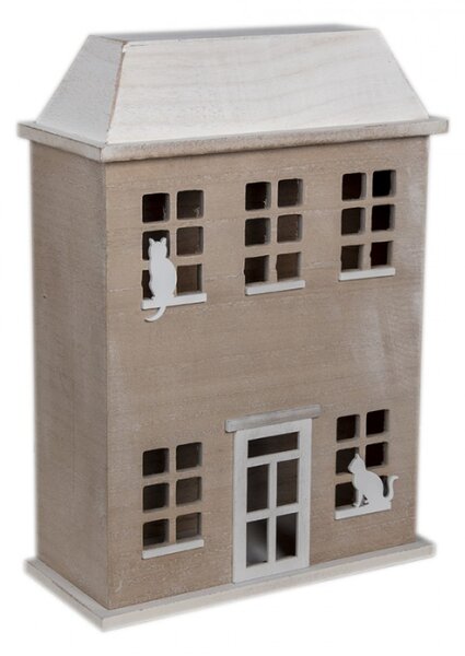 Dřevěný úložný box ve tvaru domku s kočky – 27x12x39 cm