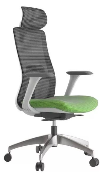 Kancelářská ergonomická židle WISDOM s podhlavníkem — síť, šedý plast, nosnost 150 kg, zelená