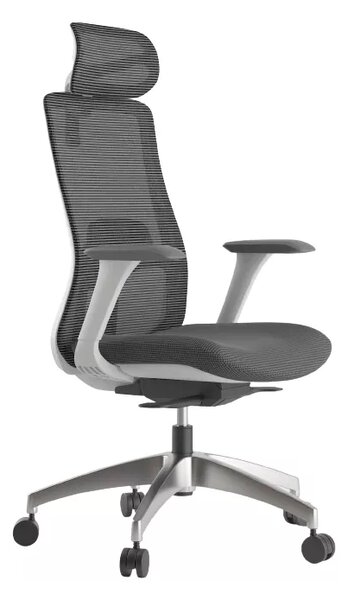 Kancelářská ergonomická židle WISDOM s podhlavníkem — síť, šedý plast, nosnost 150 kg, světle šedá