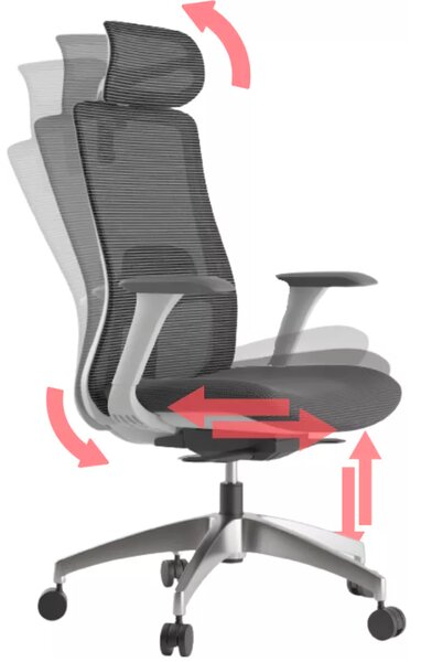 Kancelářská ergonomická židle WISDOM s podhlavníkem — síť, šedý plast, nosnost 150 kg, světle šedá